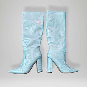Chic Light Blue Croc-Embossed Heeled Boots